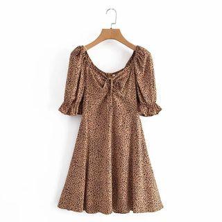 Bell-sleeve Leopard Print Mini A-line Dress