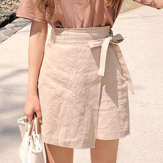 Tie-waist Linen Wrap Mini Skirt