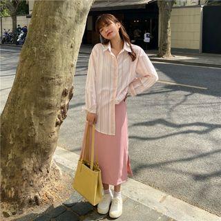 Striped Shirt / Side-slit Midi Pencil Skirt