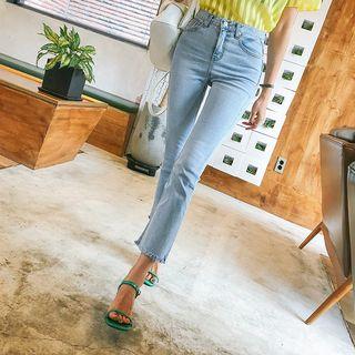 Fringe-hem Washed Semi Boot-cut Jeans