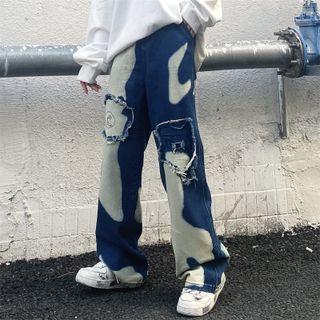 Distressed Two-tone Baggy Jeans