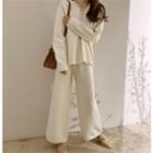 Set: V-neck Dip-back Knit Top + Band-waist Pants One Size