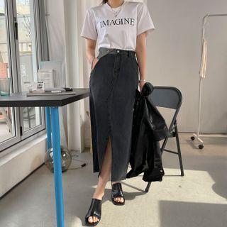 Two-tone Flap Denim Long Skirt