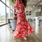 Wrap-front Foliage Maxi Tiered Dress