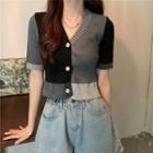 Short-sleeve V-neck Color-block Knit Cardigan As Figure - One Size