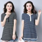 Short-sleeve Striped Notched T-shirt