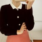 Contrast-collar Faux-pearl Buttoned Cardigan