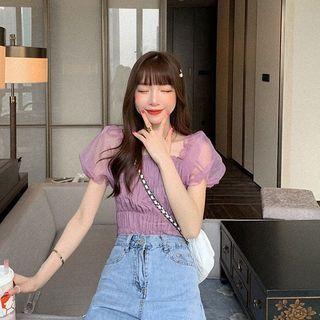 Puff-sleeve Shirred Plain Blouse