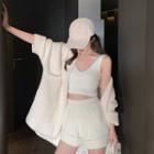 Plain Loose-fit Cardigan / Cropped Sleeveless Top / Knit Shorts