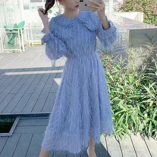 Long-sleeve Fringed Midi Chiffon Dress