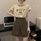 Short-sleeve Lettering T-shirt / Asymmetrical A-line Mini Skirt
