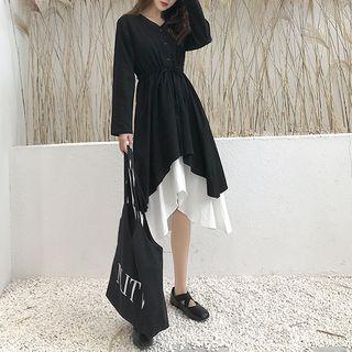 Set: V-neck Long-sleeve A-line Dress + Color Block Spaghetti Strap Dress