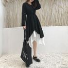 Set: V-neck Long-sleeve A-line Dress + Color Block Spaghetti Strap Dress