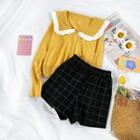 Contrast Trim Collar Knit Cardigan / Plaid Wide-leg Shorts