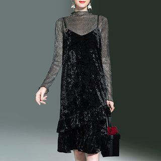 Set: Long-sleeve Mock-neck Blouse + Strappy Velvet Dress