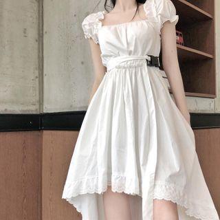 Lace Trim Puff Sleeve Square Neck A-line Dress