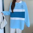 Bear Embroidered Color Block Collared Pullover