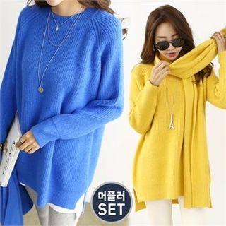 Set: Dip-back Rib-knit Sweater + Muffler
