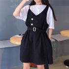 Mock Two-piece Buttoned Belt-waist Mini Dress