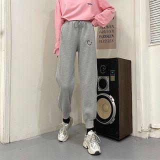 Embroidered Fleece-lined High-waist Harem Pants