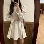 Puff-sleeve Shirred A-line Dress Beige - One Size