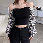 Long-sleeve Cold-shoulder Zebra Print Panel Top Black - One Size