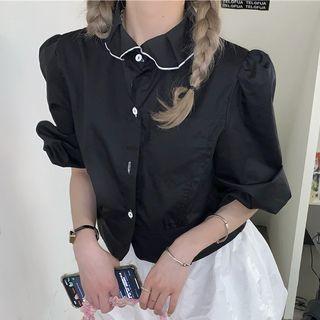 Elbow-sleeve Collar Button-up Blouse Black - One Size