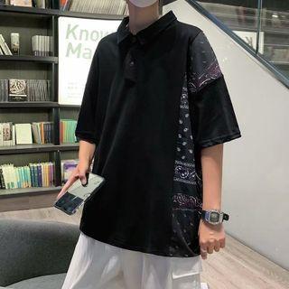 Elbow-sleeve Paisley Panel Polo Shirt