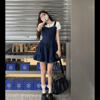 Set: Short Sleeve Plain T-shirt + Denim Tiered Mini Overall Dress