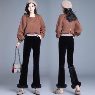 Velvet Furry-trim Wide-leg Bell-bottom Pants
