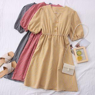 Checker V-neck Midi Dress