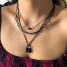 Lock Layered Necklace 5023 - Black - One Size