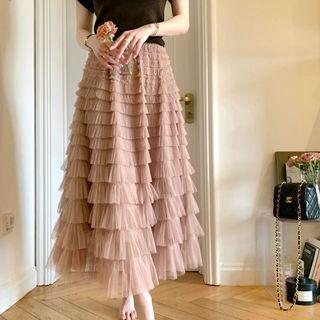 Ruffle Midi A-line Skirt Pink - One Size