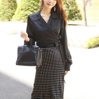 Set: Side Tie Blouse + Dotted Midi Straight-fit Skirt