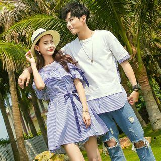 Couple Matching Striped Panel Short-sleeve T-shirt / Striped Mini A-line Dress