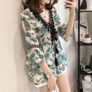 Leaf Print Tasseled 3/4 Sleeve Blouse