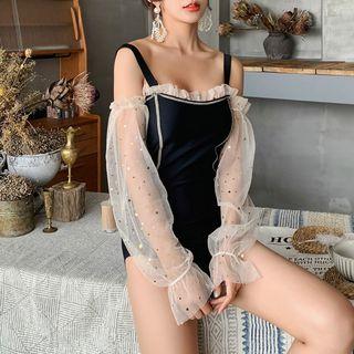 Star Sequin Cold-shoulder Mesh-sleeve Swimsuit