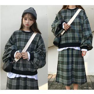 Set: Plaid Sweatshirt + A-line Midi Skirt