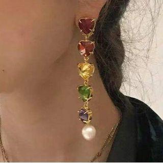 Rhinestone Heart Drop Earring 1 Pair - Red & Yellow & Green - One Size