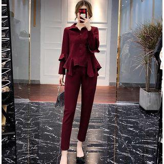 Set: Asymmetrical Ruffle Hem Shirt + Slim Fit Pants