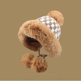 Checkered Fluffy Trim Pom Pom Beanie