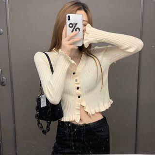 Frill Trim Ribbed Cropped Cardigan