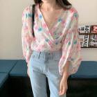 Puff-sleeve Floral Mesh Top Floral - One Size