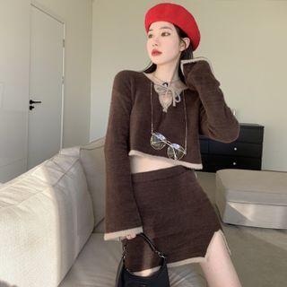 Set: Contrast Trim Knit Top + Pencil Skirt Set Of 2 - Top & Skirt - Coffee - One Size