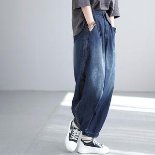 Contrast Stitching Cropped Baggy Jeans