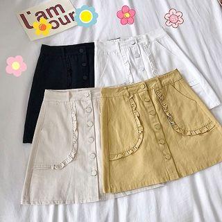Plain Single-breasted Ruffled-trim Skirt