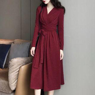 Long-sleeve Tie-waist A-line Midi Dress As Shown In Figure - One Size
