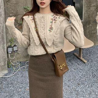 Flower Embroidered Collared Sweater Almond - One Size