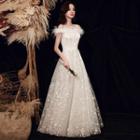 Off-shoulder Cap Sleeve Feather Embroidered Sequined Evening Gown