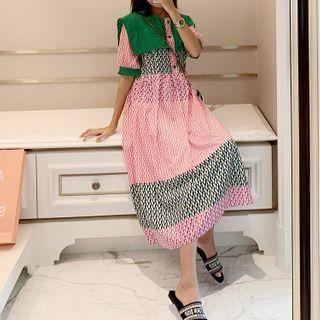 Short-sleeve Patterned Midi Dress As Shown In Figure - One Size
